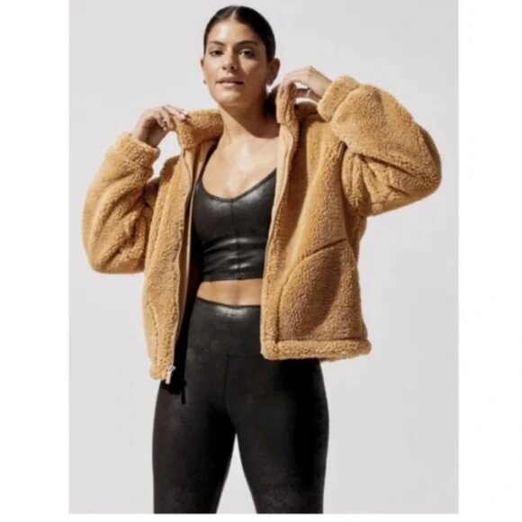 Carbon38 Teddy Zip Up Jacket with Hood in Tan Size Medium - Picture 1 of 10